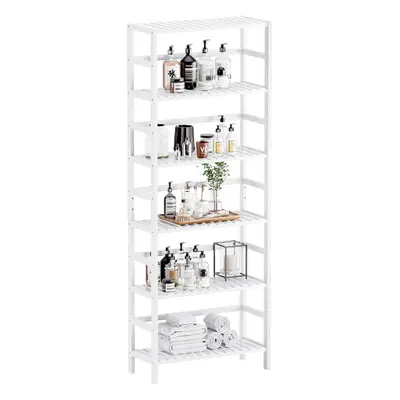 (White) White Bookshelf, 6-Tier Adjustable Tall Bookcase