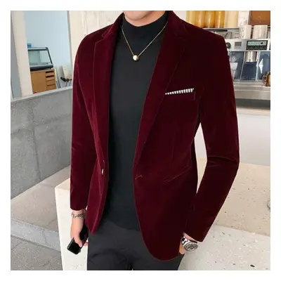 (wine red, XXL) Autum Velvet Wedding Dress Coat Mens Blazer Jacket Fashion Casual Suit Jacketsta