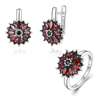 (red, us ring size 6#) Sunflower Design Jewelry Set With Natural Red Garnet Gemstone Earrings Ri