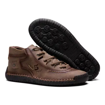 (khaki, 46) Men&apos;s Winter Warm Ankle Leather Shoes Lace-up High Quality Handmade Moccasin