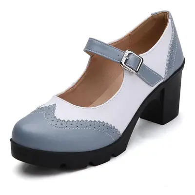 (blue,white, 35) Women Mary Jane Pumps Genuine Leather Sheepskin High Heels Elegant Retro Square