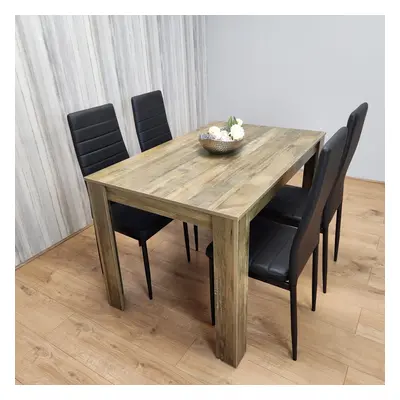 Rustic Effect Dining Table with Black Faux Leather Chairs Dining Set