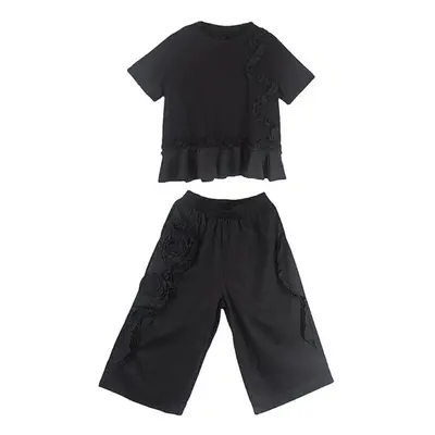 (black, One Size) Xitao Black Casual Pant Set Summer Three-dimensional Flower O-neck Two-piece S