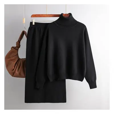 (black, One Size) Fall Winter Lazy Wind Loose Turtleneck Pullover Sweater Suit Women&apos;s Soli