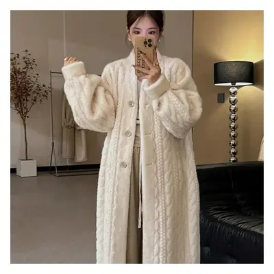 (ivory, M) Thicken Knit Loose Coat Women Full Sleeve Single Breasted Fashion Female Cardigan Win