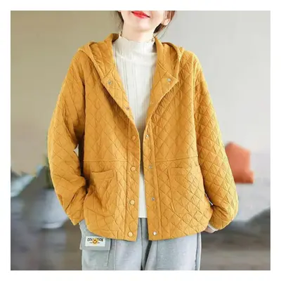 (yellow, XL) Autumn And Winter Ladies Literary Retro Solid Color Hooded Quilted Loose All-match 