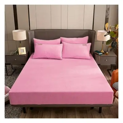 (pink, Bed sheet (220x200x25cm)) 1pc Flannel Bed Sheet With Elastic Band For Winter Soft Warm Gr