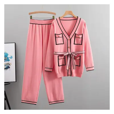 (pink, L) Autumn And Winter Women&apos;s Knitted Suit Cardigan Wide Leg Pants Suit Temperament F