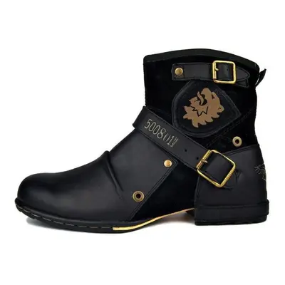 (black, 46) Autumn And Winter New Fashion Buckle Cowboy Boots Round Toe Square Heel Short Tube C