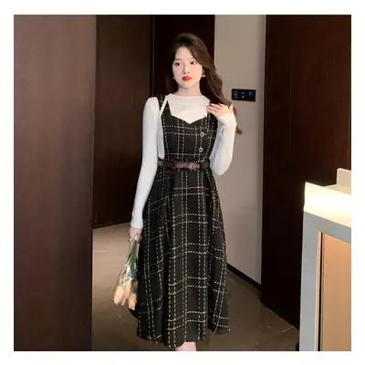 (white,black, L) Autumn And Winter Retro Temperament Standing Collar Base Sweater Two-piece Plai