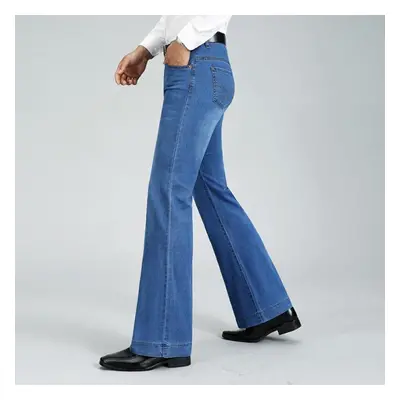 (light blue, 30) Men&apos;s Stretch Loose Wide-leg Jeans Flared Denim Trousers Mid Waist Denim F