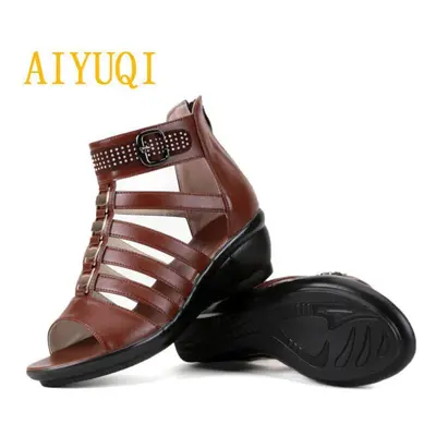 (brown, 42) Aiyuqi Women Sandals Summer Women Genuine Leather Sandals Rhinestones Roman Sandals 