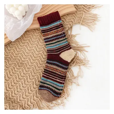 (Red) Pairs Men Rabbit Fur Wool Blend Geometric Striped Jacquard Color-match Thicken Warmth Sock