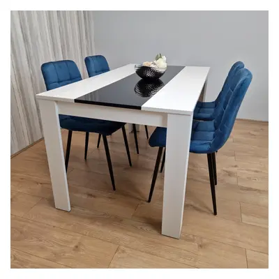 Dining Table Wooden White Black and Tufted Blue Velvet Chairs Set