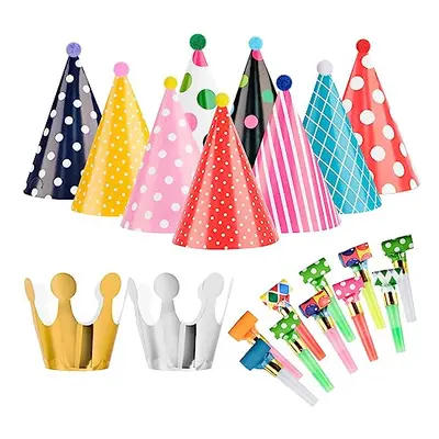 11PCS Party Hats, Birthday Party Cone Hats Pom Poms and Crowns, 10pcs Party Blowouts, Paper Part