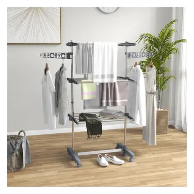 HOMCOM 3-Tier Large Clothes Airer Stainless Steel Clothes Drying Rack Grey