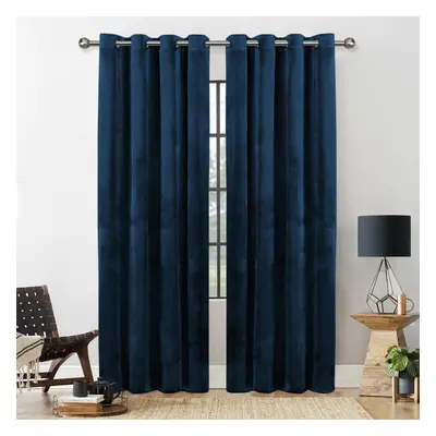 (BLUE, 66X72) THICK VELVET CURTAINS PAIR OF EYELET RING TOP SOFT