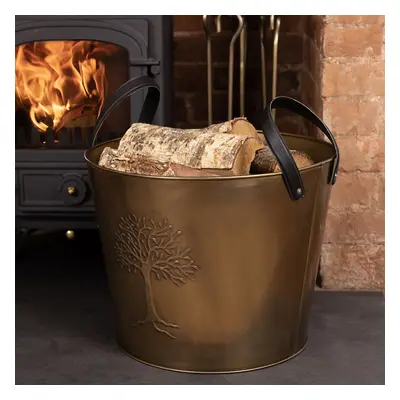 CHARLES BENTLEY Snug Mulberry Large Leather Handle Log Bucket, Metal, Leather, Antique Gold Colo