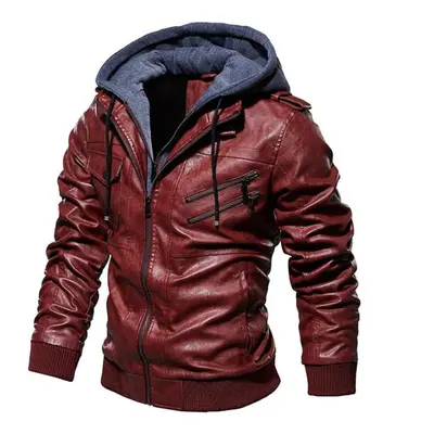 (wine red, L) Folklore Men &apos;s Warm Casual Hooded Leather Jacket In Autumn And Winter Fashio