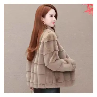 (brown, M) Winter Women&apos;s Coat Long Sleeves Plush Jacket Fluffy Overcoats Zipper Faux Mink 