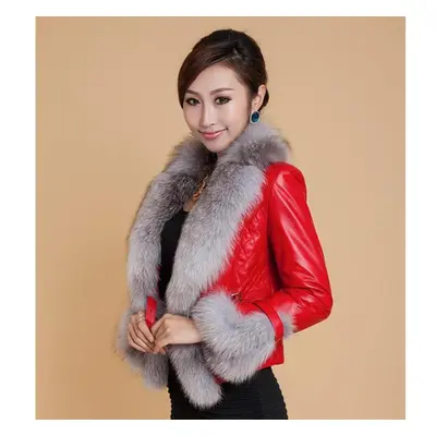 (red,gray, L) Scione Faux Fox Fur Collar Leather Slim Pu Leather Women Plus Cotton Jacket Fashio