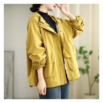 (yellow, One Size) Johnature Woman Autumn Fashion Vintage Style Cotton Casual Hooded Coat Korean