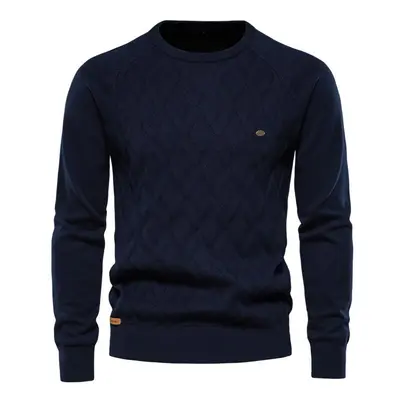 (navy blue, 70-78 kg) Aiopeson Argyle Men&apos;s Basic Pullover Solid Color O-neck Knitted Male 