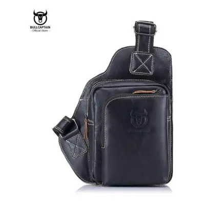 (black) Bullcaptain Men&apos;s Fashion Chest Bag Soft Leather Chest Bag Men Casual Messenger Bag