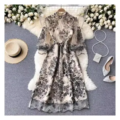 (black, M) High Quality Spring Summer Women Embroidery Mesh Dress Festa Luxury Long Elegant Wedd