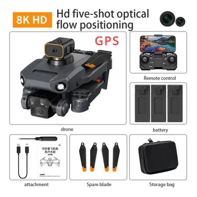 (Black 8K -GPS-3B) New P8 Pro Drone Obstacle Avoidance 4k Esc Dual Hd Camera Wifi Fpv Brushless 