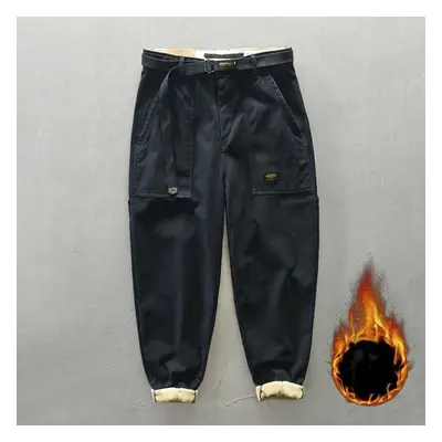 (royal blue, 38) Outdoor Men Winter Pants Keep Warm Japanese Style Cargo Pants Cotton Solid Colo