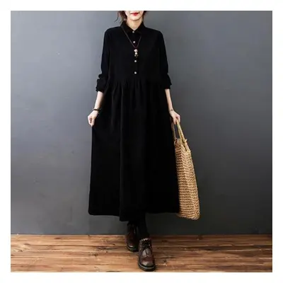 (black, XL) Autumn Women&apos;s Plus Size Casual Warm Corduroy Lapel Long Dress Blouse Top Women