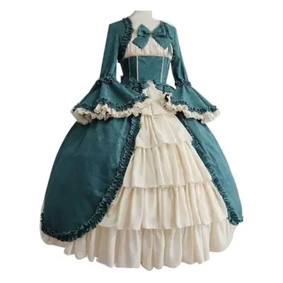 (green, XL) Lady Retro Square Neck Tight Waist Bowknot Medieval Dress Cosplay Party Costume