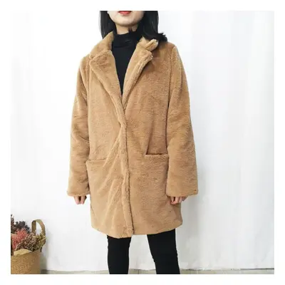 (khaki, XL) Women Mink Faux Fur Coat Solid Female Turn Down Collar Winter Warm Fake Fur Lady Coa