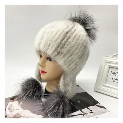 (white,black, head size 55-59cm) Pompom Winter Hat With Earflap Luxury Knitted Mink Fur Trapper 