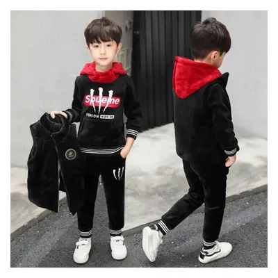 (black, 140) Spring And Autumn Boy&apos;s Fashion Tracksuit Velvet Jacket,sweater And Pant Pcs S