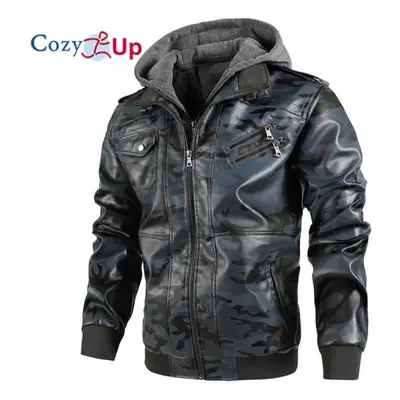 (blue, M) Cozy Up Men's Casual Stand Collar Pu Faux Leather Zip-up Motorcycle Bomber Jacket With