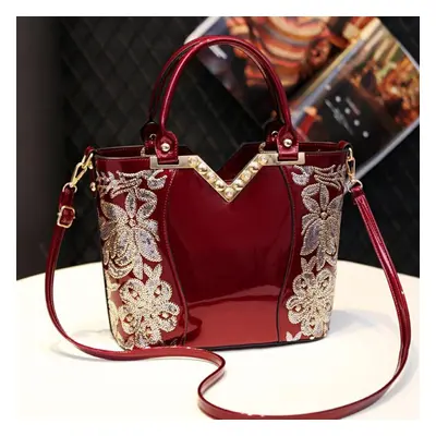 (burgundy) Women&apos;s Bag Elegant Bright Leather Large Capacity Handbag Fashion Shoulder Bag C