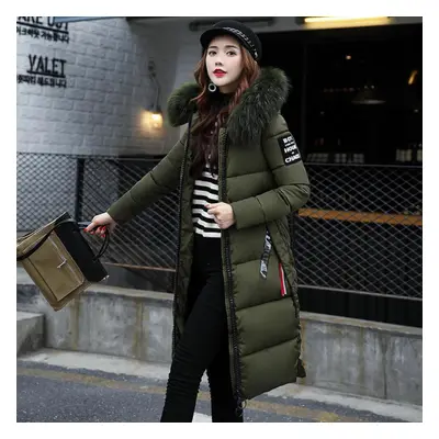 (green, M) Women&apos;s Autumn And Winter Long Down Cotton Jacket With Large Down Collar And Thi