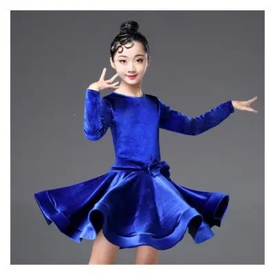 (blue, 120) Girls Velvet Latin Salsa Dance Dress Gymnastics Dancewear Ballroom Dancing Costume