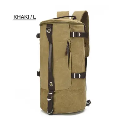 (khaki, large) Large Capacity Climbing Round Bucket Waterproof Canvas Men Travel Duffel Shoulder