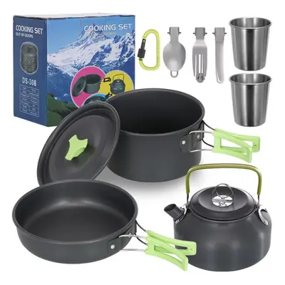 (green) Camping Cookware Set Lightweight Portable Pan Kettle Cups Spoon Fork Cutter For Picnic H