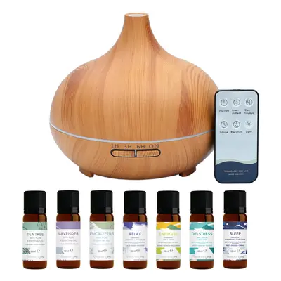 Electric Aroma Diffuser & Seven 100% Pure Essential Oils | LED Colours | Light Wood Effect | 500