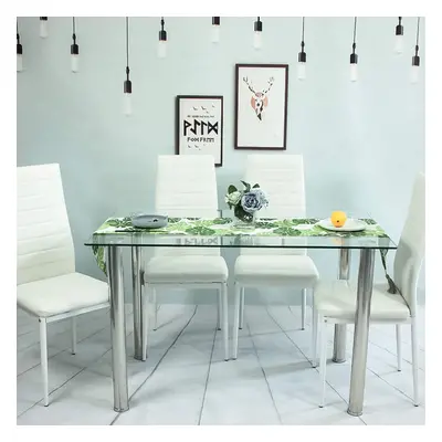 (white) Rectangular Dining Table and Chairs, High Back White PU Leather Chairs and Tempered Glas