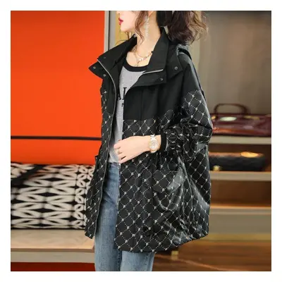 (black, L) Korean-style Women&apos;s Plus-size Hooded Coat With Color-blocked Print Letters Loos