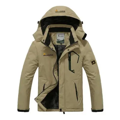 (khaki, 2XL) Men&apos;s Winter Hooded Windbreaker Thickened Warm Coat Cool Mountaineering Sports