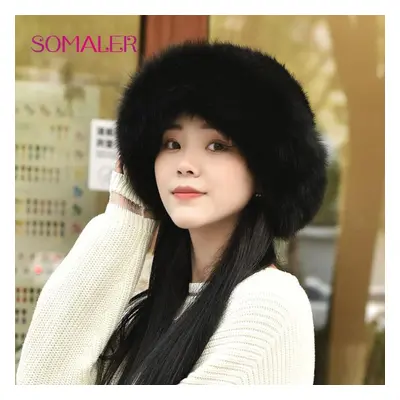 (as the picture) Somaler Winter Real Knit Fur Hats For Women Genuine Mink Fur Caps Fox Fur Brim 