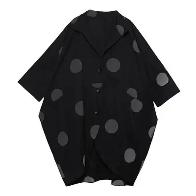 (black, One Size) Xitao Irregular Plus Size Trench Women Polka Dot Single Breast Pocket Elegant 