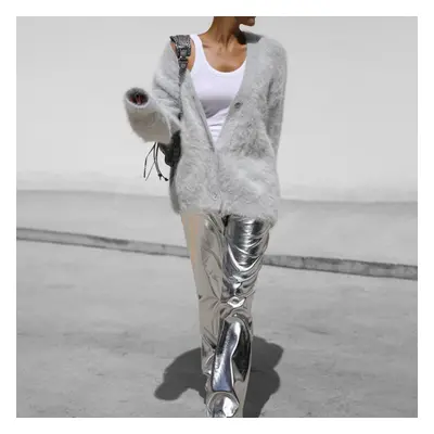 (light gray, S) Women Autumn Winter Causal Solid V Neck Long Sleeve Knit Sweater