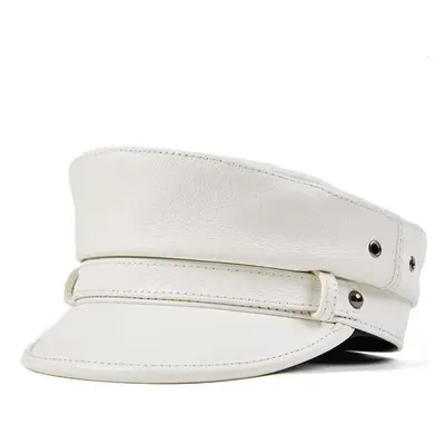 (white, XL(57-58cm)) Efei Winter Menâs Genuine Leather Hat Male Flat Top Locomotive Retro Mili